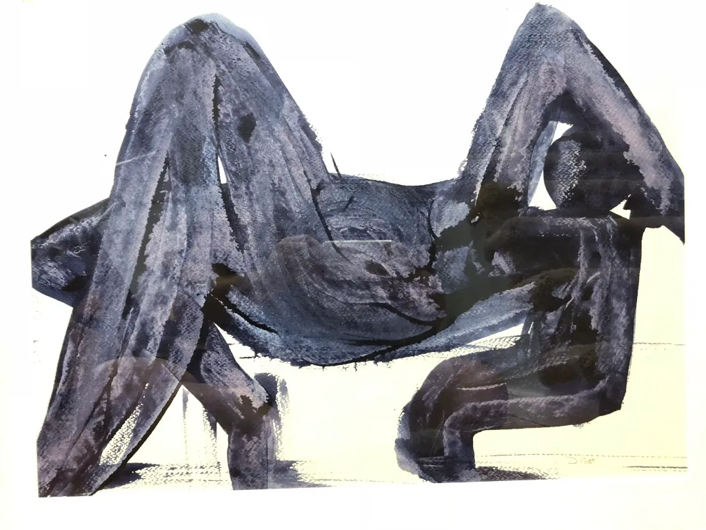 The blue-black wash painting unframed: a seated figure, knees up, built from translucent layers.